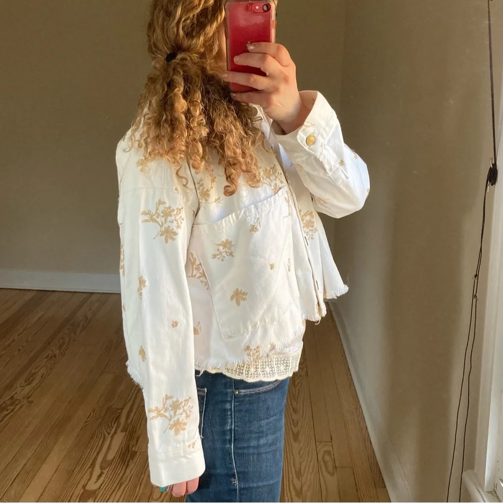 NEW Zara denim‎ jacket jean shirt white metallic floral embroidery extra small